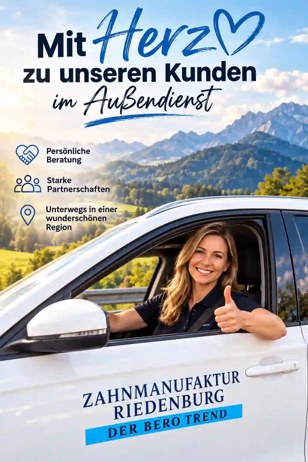 Außendienstmitarbeiterin der Zahnmanufaktur Riedenburg im weißen Servicefahrzeug
